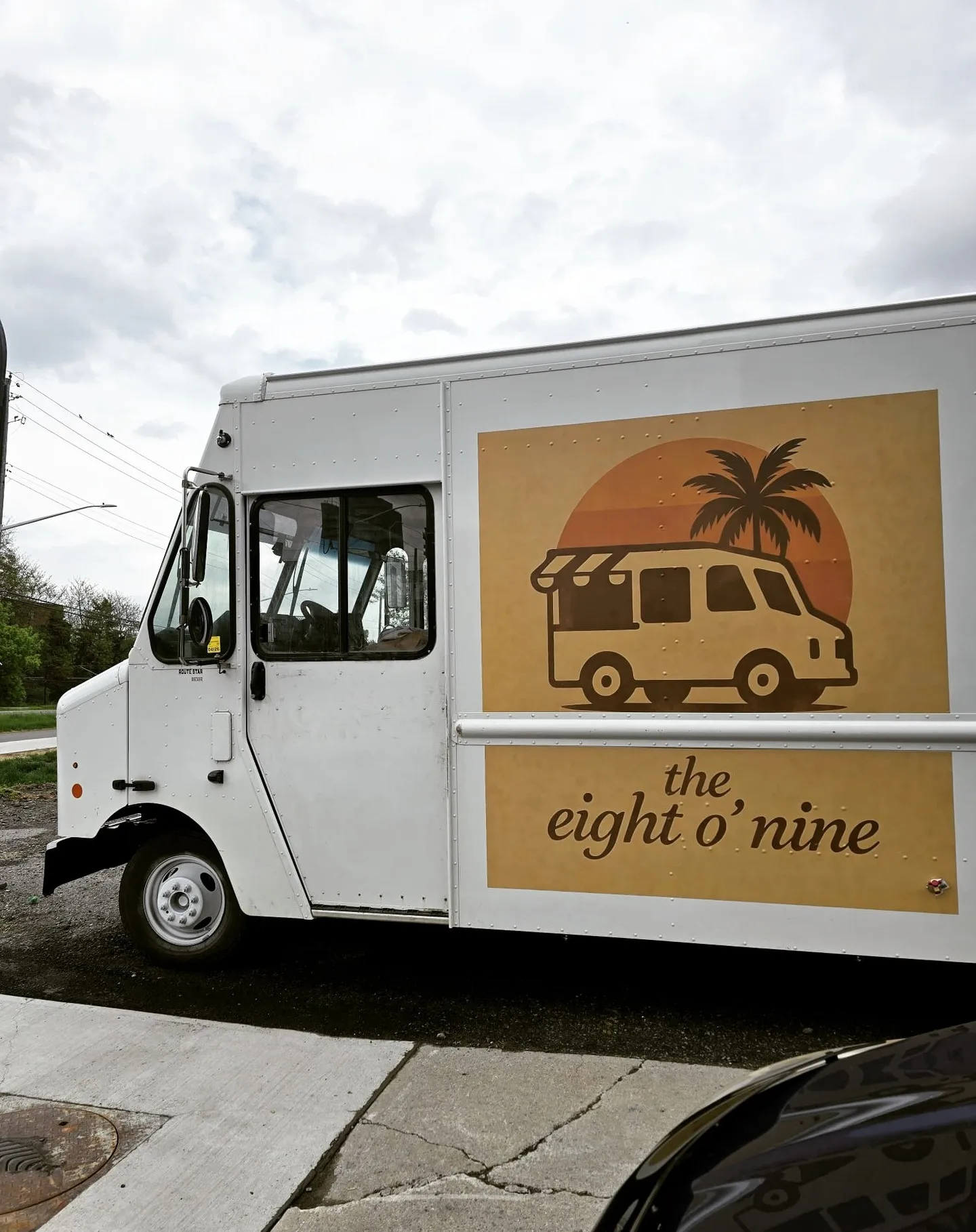 Printed panel on the side of a white step van showing a sunset, palm tree and vintage van illustration